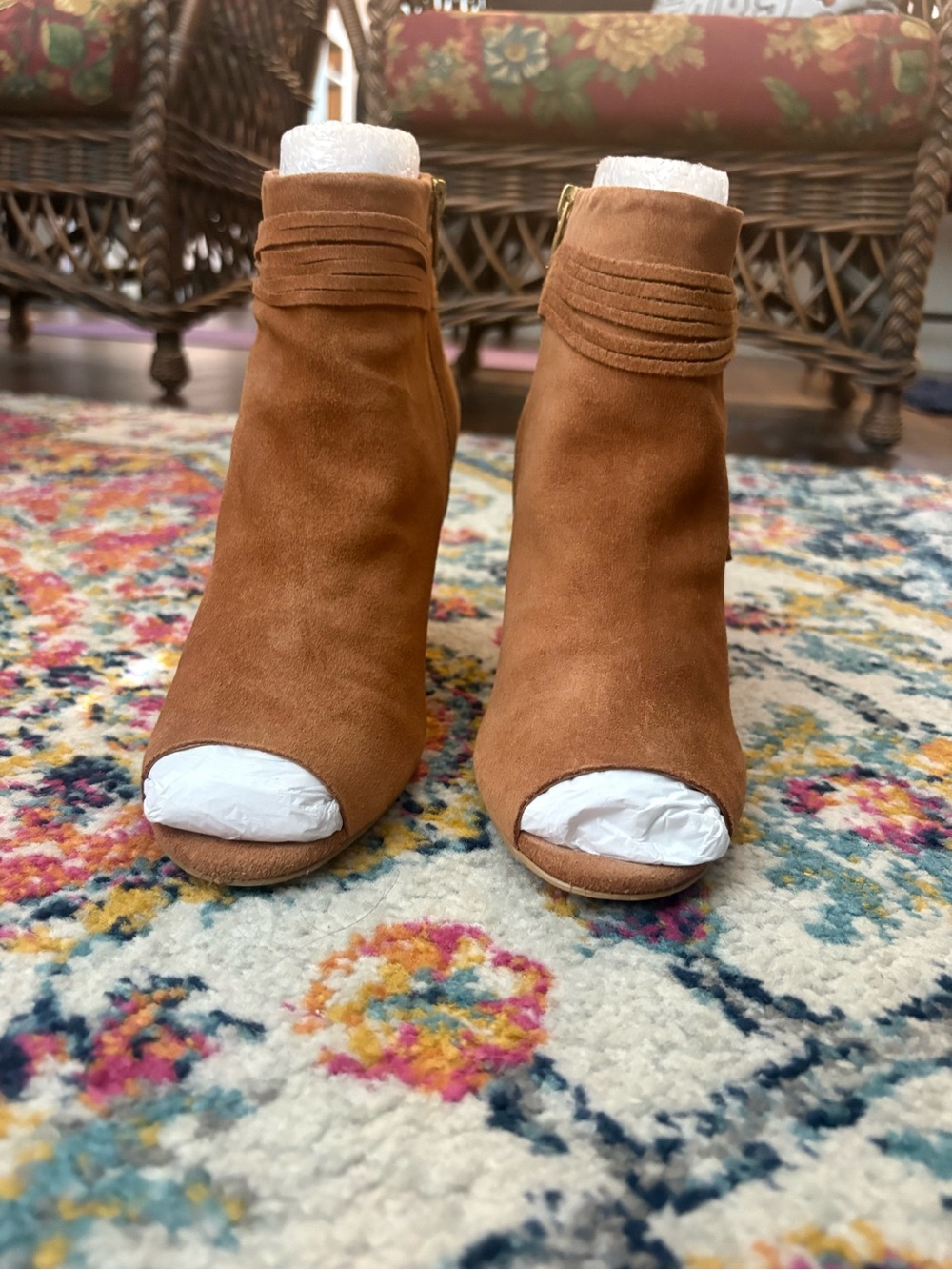Steve Madden Women's Tan Suede Peep-Toe Ankle Booties.